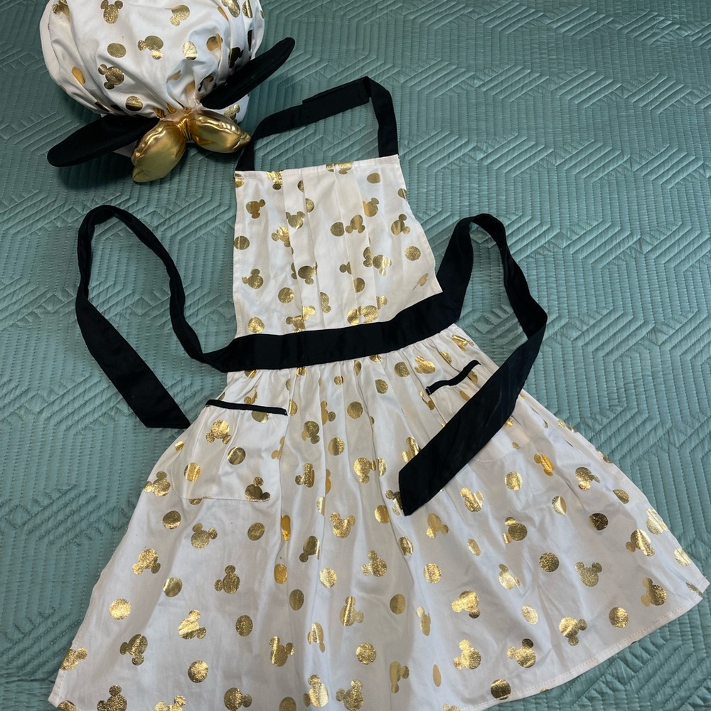 Gold Polka Dot Apron with Gold Bow Black Accents and Mickey Mouse Ears